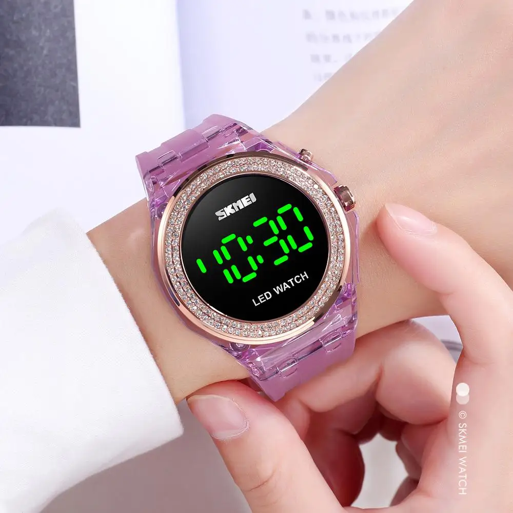 SKMEI Led digitalni sat Ženski moda s dijamantima Ženski ručni sat za djevojčice Vodootporan prozirni sat s remenom od umjetne kože Reloj Mujer Slika 3 