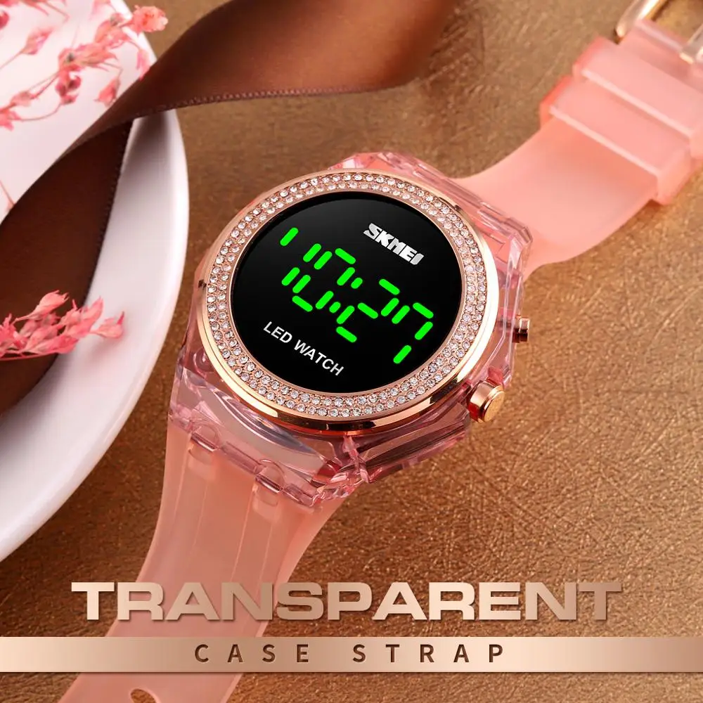 SKMEI Led digitalni sat Ženski moda s dijamantima Ženski ručni sat za djevojčice Vodootporan prozirni sat s remenom od umjetne kože Reloj Mujer Slika 5 