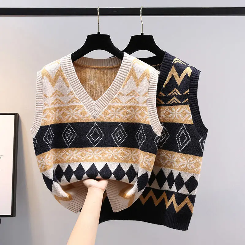 Ženski pulover s geometrijskim uzorkom Pletene prsluk Ženski Slobodan kontrastnoj boji Univerzalni Džemper u stilu Faksu Prsluk odjeća Majice