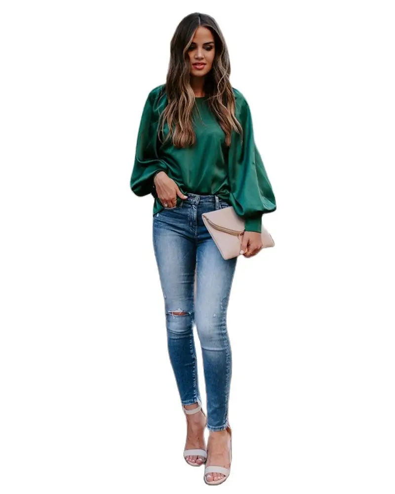 Moderan elegantan običan zeleni saten pulover Bluze Jesen Lantren dugi rukav Besplatan večernje vrhovima Za žene 2021 Blusa Feminina Bluze