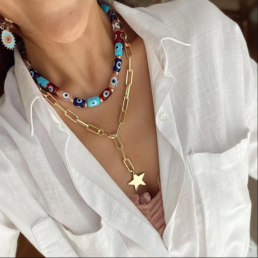 2021 nova metalna četvrtasta svilene lanac ogrlica u boemskom stilu ženska moda petokraka zvijezda privjesak nakit Slika 2 