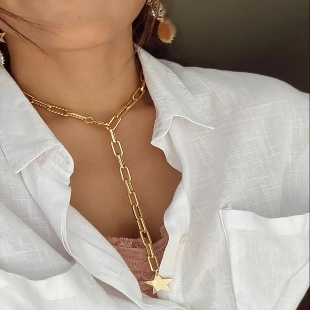 2021 nova metalna četvrtasta svilene lanac ogrlica u boemskom stilu ženska moda petokraka zvijezda privjesak nakit Slika 3 
